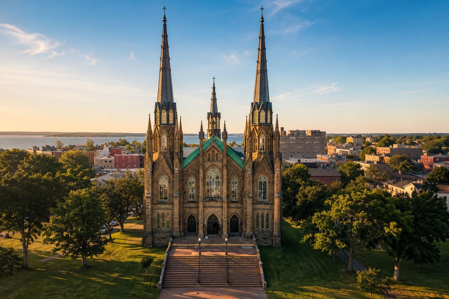 St. Dunstan’s Basilica and the Charlottetown skyline at golden hour