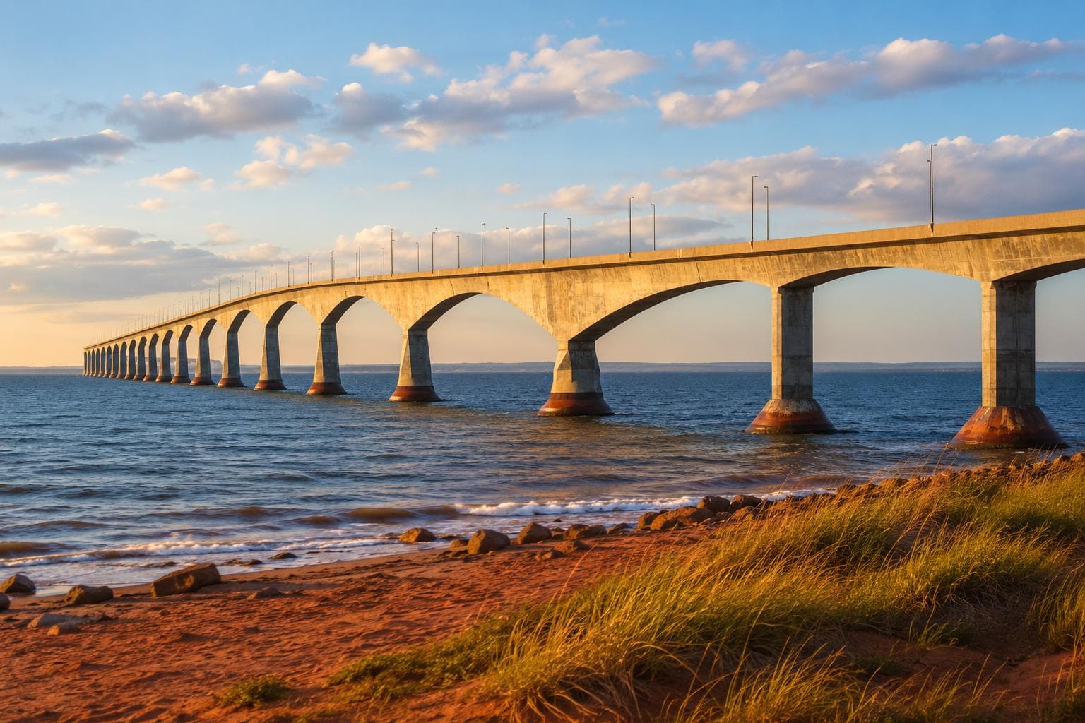 Confederation Bridge crossing the Northumberland Strait at sunset