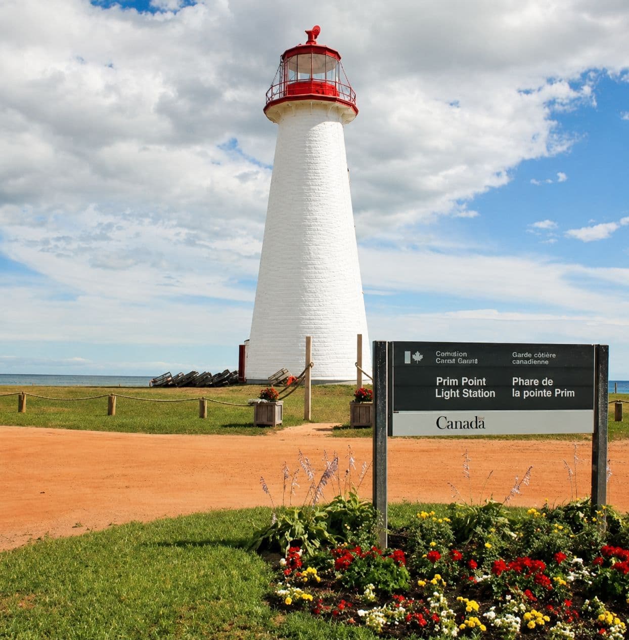 Point Prim Lighthouse on the red-sand south shore of Prince Edward Island